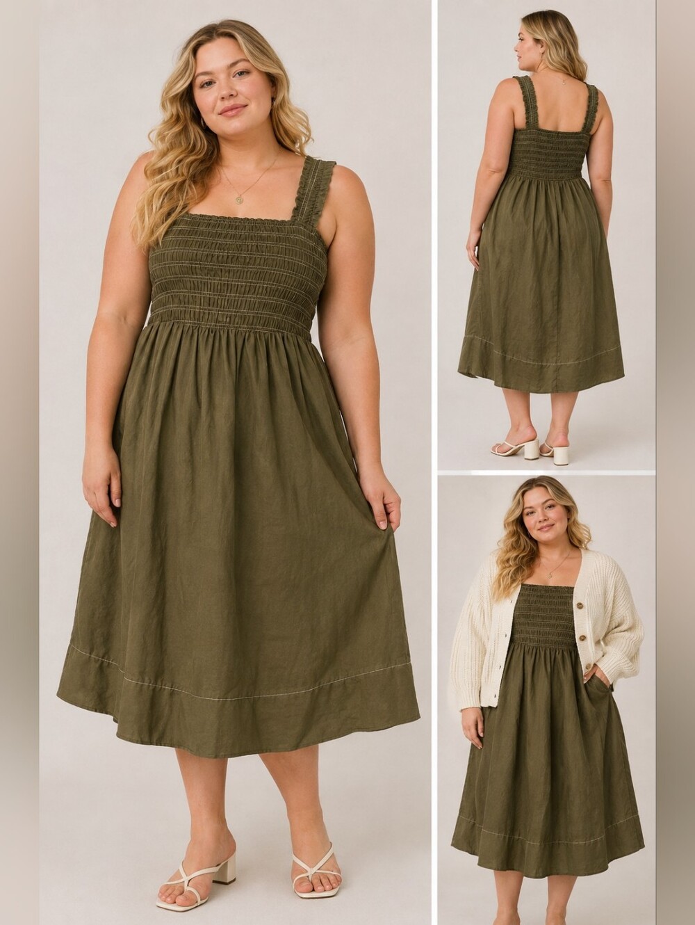 Ellen Tracy Olive Smocked Midi Dress